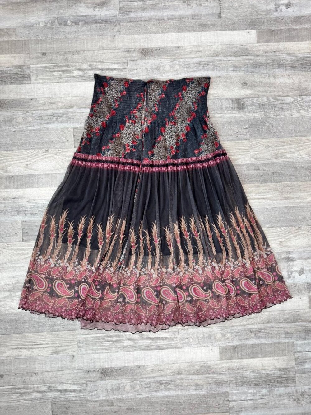 Lapis Black Floral Strapless Dress Size XL Midi, Smocked, Halter Neck Tie F47